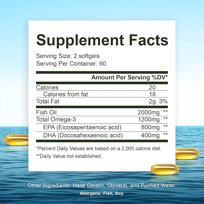 Noor Vitamins Halal Fish Oil Halal Vitamins Ultra Omega 3 Wild Peruvian Fish (800 mg EPA &amp 400 mg DHA) Heart Brain &amp Joint Support Non-GMO and Gluten Free (120 Count)