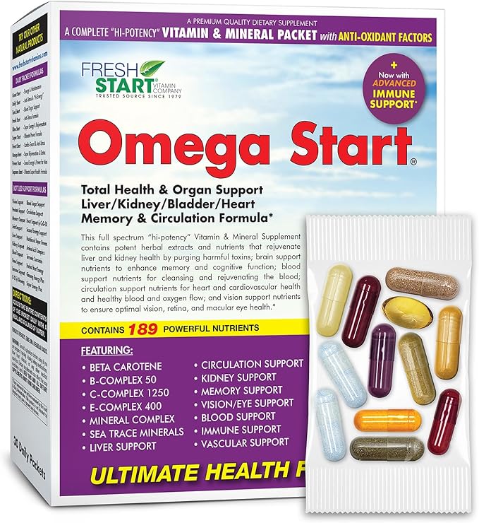 Omega Start All-in-One Daily Vitamin Pack - Total Body &amp Organ Support - Milk Thistle Chanca Piedra Dandelion Nettle Mushroom Complex &amp Antioxidants - 30 Day Supply