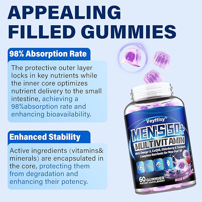 Sugar Free Multivitamin Gummies for Men 50 Plus - Methylated Multivitamin with Omega-3 CoQ10 Elderberry &amp Turmeric for Energy Immune Gut Health Support - Vegan Non-GMO Gluten-Free