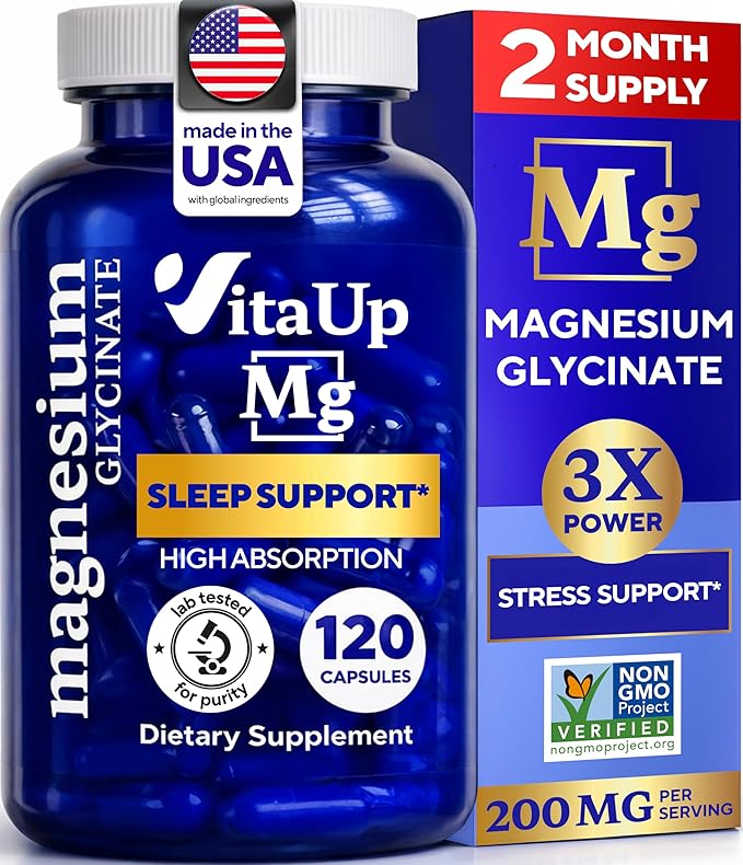 VitaUp Magnesium Glycinate 200mg - USA Made Highly Absorbed Non-GMO Magnesium for Relaxation Deep Sleep Bones &amp Heart - 200mg per Serving 120 Vegan Capsules