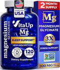 VitaUp Magnesium Glycinate 200mg - USA Made Highly Absorbed Non-GMO Magnesium for Relaxation Deep Sleep Bones &amp Heart - 200mg per Serving 120 Vegan Capsules