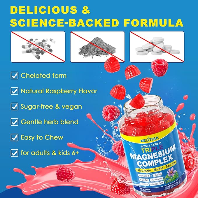 Triple Magnesium Complex 500mg/250mg Gummies + Omega-3 Saffron for Kids 6+ &amp Adults Kids Focus Calm Magnesium Gummies with Theanine Sugar Free Magnesium Glycinate Malate Taurate Sugar Free