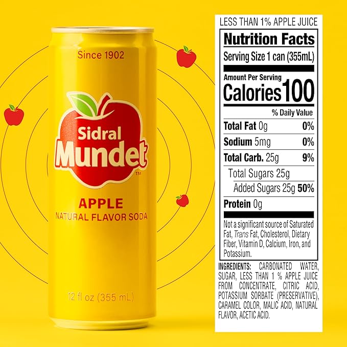 Sidral Mundet - Mexican Soda Soft Drinks Apple (12 oz 355ml) 8 Cans - Caffeine Free Gluten Free - Real Cane Sugar - 0g Fat - Made in Mexico - Natural Flavor Soda Pop - Over 120 Years