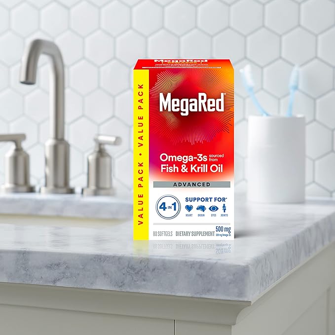 Megared Omega-3 Fish Oil + High Absorption Krill Oil 500mg Softgels MegaRed Advanced 4in1 (80 count in a bottle) Concentrated Omega-3 Fish &amp Krill Oil Supplement