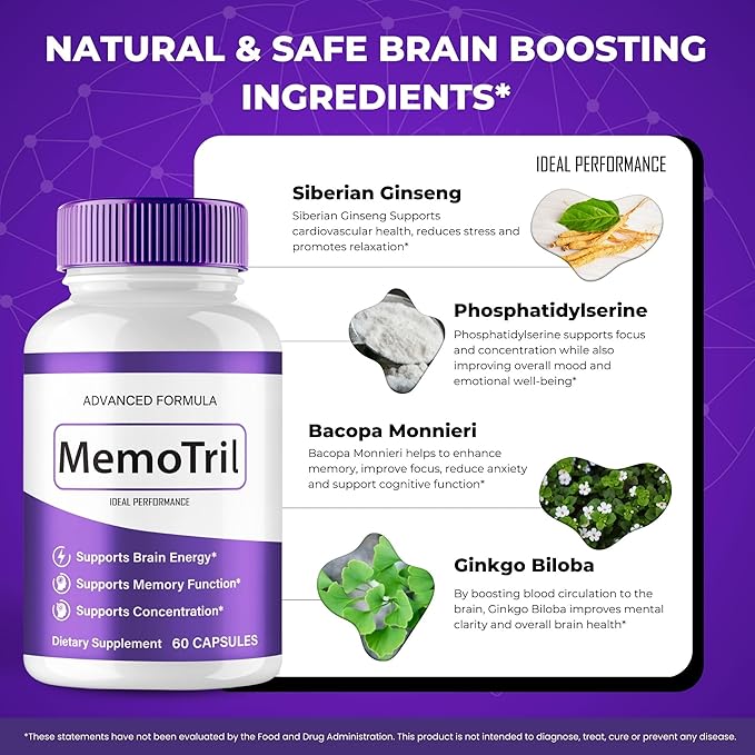 MemoTril Capsulas Memo Tril Memory Capsules Official Supplement for Brain Health Support - Maximum Strength Advanced Formula Nootropic Pills All Natural Memo Tril Capsules Reviews (3 Pack)