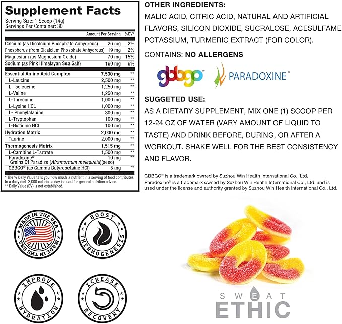 Sweat Ethic Amino Trim Pre Workout Powder with Amino Acids for Men &amp Women (14.09 Ounce Tropical Peach Candy)