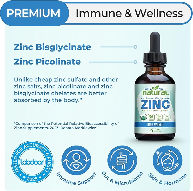 Organic Liquid Zinc Drops Supplement with Chelated Picolinate and Bisglycinate Vegan