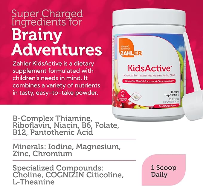 Zahler KidsActive Kids Concentration Formula Powder All Natural Children’s Supplement Supporting Focus Certified Kosher 30 Servings Fruit Punch Flavored Powder