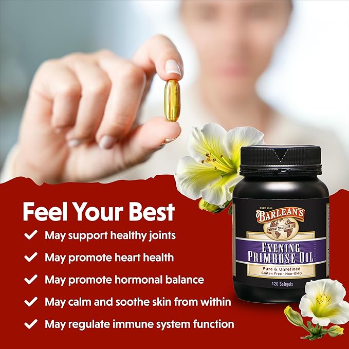 Barlean's Evening Primrose Oil Capsules GLA Supplement for Men and Women Healthy Skin Immune Support and Bone Strength 1300mg Softgels 120 Count