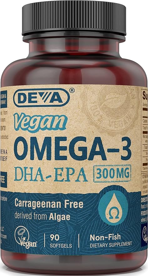 DEVA Vegan Omega-3 DHA-EPA 300MG – No Carrageenan Non-Fish Oil Derived from Algae Non-GMO 90 Gelatin-Free Softgels