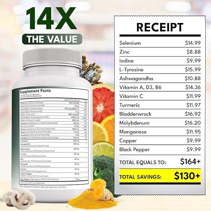 Selenium Zinc Iodine L Tyrosine Ashwagandha - Support Supplement for Women and Men with Bladderwrack Turmeric Silica Kelp Schisandra - 60 Count