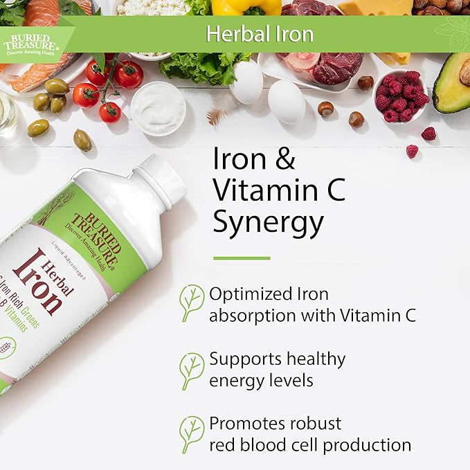 Buried Treasure Herbal Iron - 48 Servings Liquid Iron and Herbal Supplement Vitamin C &amp B Complex Vitamins Iron-rich Greens Vegan Iron for Men and Women
