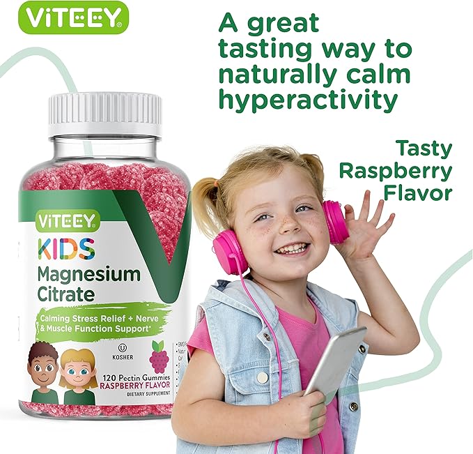 Viteey Kids Magnesium Citrate Gummies - Supports Sleep Aid Calm Gummies Muscle Relaxer Optimal Relaxation - Vegetarian Gelatin Free Gluten Free GMO Free - Tasty Chewable Raspberry Flavored Gummy