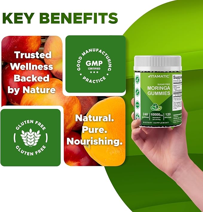 Vitamatic Moringa Gummies – Sugar-Free 50:1 Plant-Based Extract – Green Superfood – Pectin-Based Vegan Non-GMO – 240 Gummies