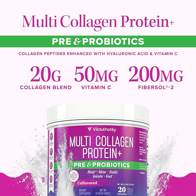 Multi Collagen Probiotics for Women Prebiotics Protein Powder | 20g Collagen Peptides Hyaluronic Acid Vitamin C &amp Fibersol Prebiotic Support Skin Elasticity Digestion Gut Health Unflavored 20 Serv