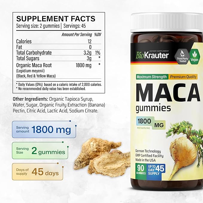 BIO KRAUTER Maca Root for Women and Men - Black Red &amp Yellow Maca Supplement 1800 mg for Drive Performance &amp Energy Support - 90 Gummies 45-Day Supply Non-GMO Banana Flavor