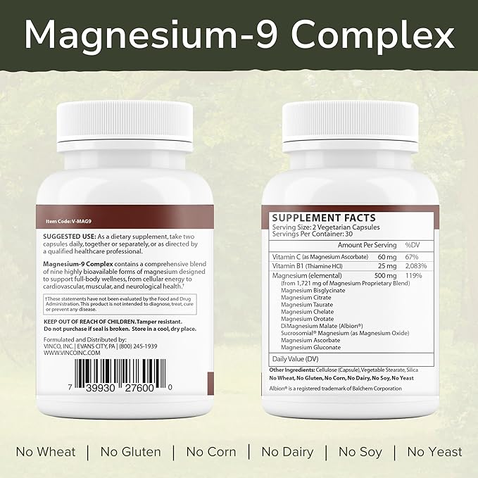Vinco Inc – Magnesium-9 Complex Advanced Muscle Support Daily Supplement | (60 Capsules) | 9 Bioavailable Forms of Magnesium | Supports Bone Strength &amp Nervous System Health | Gluten Free &amp Ve