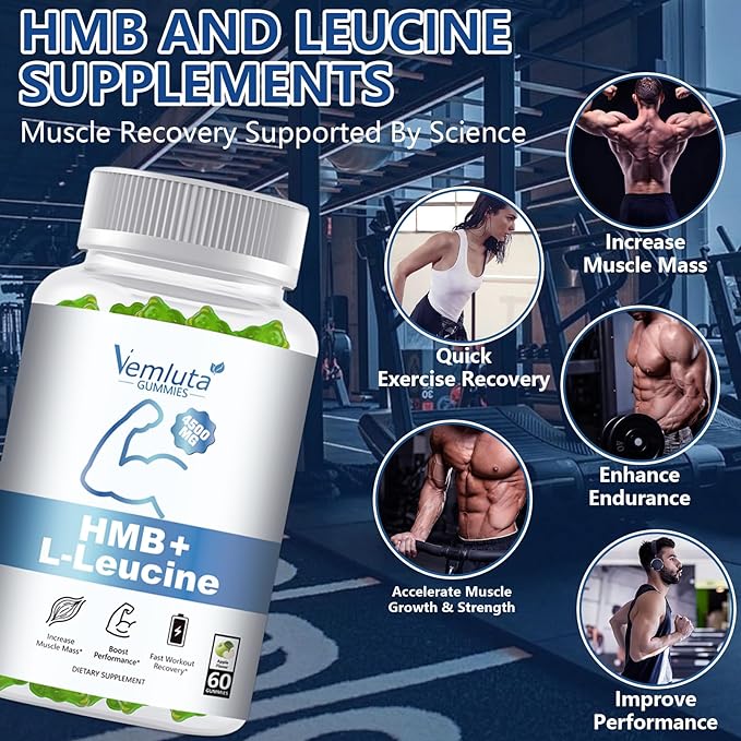 2 Packs HMB and Leucine Supplements Gummies for Men Women - 4500MG HMB ＆ Leucine for Muscle Recovery &amp Growth Support Non-GMO Gluten-Free Adults &amp Elder Apple Flavor 120 Counts