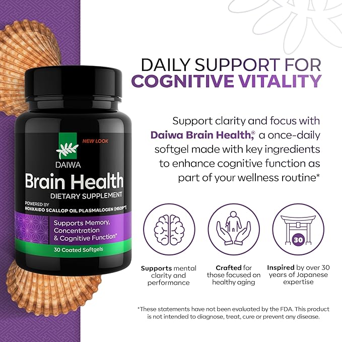DAIWA Advanced Omega-3 Brain Supplement - Phospholipid Omega Formula with Hokkaido Scallop Oil Plasmalogen for Memory Focus and Cognitive Wellness - 30 Softgels