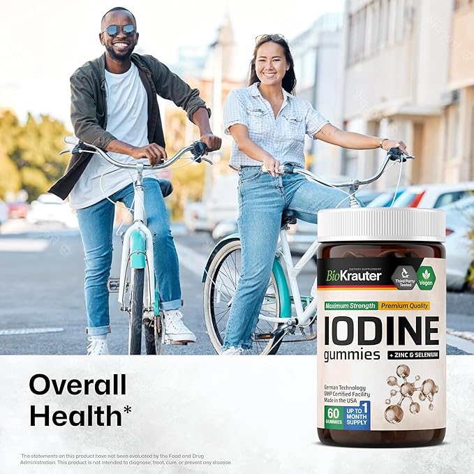 BIO KRAUTER® Iodine with Zinc and Selenium for Thyroid Support - Vegan Potassium Iodide for Antioxidant &amp Immune Support - Selenium Supplements for Women - 60 Gummies Non-GMO Apple Flavor