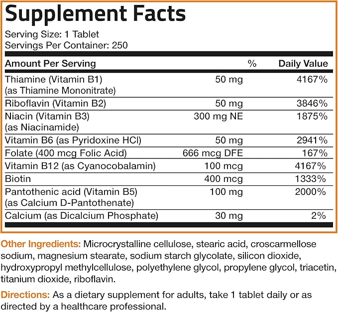 Bronson Vitamin B Complex (Vitamin B1 B2 B3 B6 B9 - Folic Acid B12) 250 Tablets