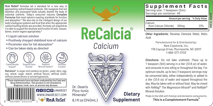 RnA ReSet ReCalcia – Liquid Calcium Supplement with Pico-Ionic Formula High Absorption for Bone &amp Cardiovascular Support Supports Muscle Function 8.1 fl oz (1-Pack) NSF Contents Certified