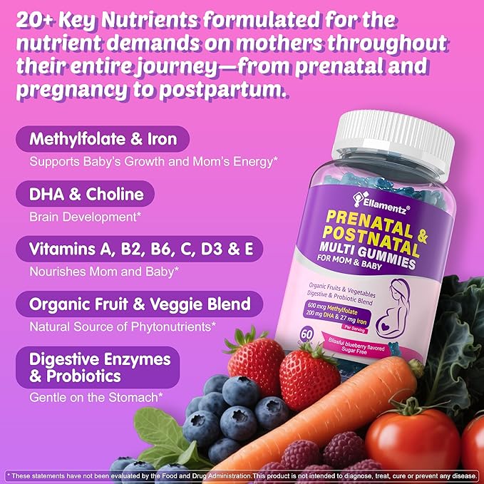 Prenatal Vitamins for Women with Methylfolate Vegan Omega-3 DHA Organic Food Blend Probiotics Iron Vitamin D3 B6 B12 Choline Sugar Free Multivitamin for Women During &amp Post Pregnancy 120 C