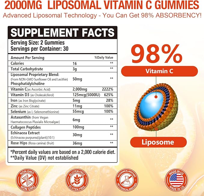 2 Pack Liposomal Vitamin C 2000mg Gummies Complex Rose Hips with D3 5000IUElderberry EchinaceaIron &amp Zinc for Adults Kids ImmuneAntioxidant &amp Collagen SupportOrange Flavor 120Count