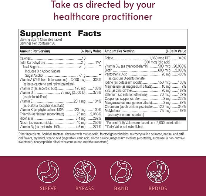 Bariatric Advantage Chewable Ultra Solo Without Iron - Once-Per-Day Daily Multivitamin - for Bariatric Surgery Patients - Thiamin Vitamin A &amp More - Gluten-Free - Citrus - 30 Count