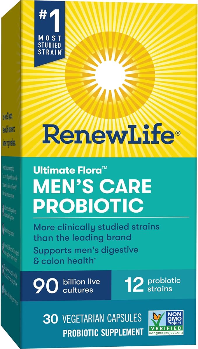 Renew Life Men's Care Probiotic Capsules Supports Mens Digestive Colon Immune and Respiratory Health L. Rhamnosus GG Dairy Soy and gluten-free 90 Billion CFU 30 Count