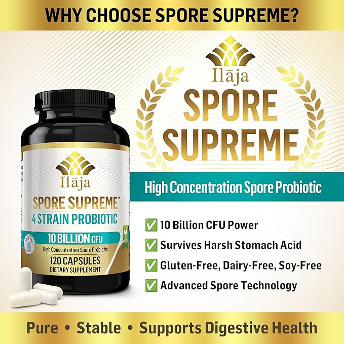Spore Supreme Spore Based Probiotic 120 Capsule x 10 Billion / 4 Strain Formula - 4 Month Supply - No Refrigeration Needed Acid Resistant Strains Dairy Free