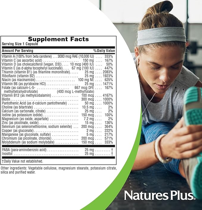 NaturesPlus Ultra One Daily Iron Free - 60 Fast-Acting Capsules - Multivitamin &amp Mineral with Beta Carotene - Vegan Gluten Free - 60 Servings