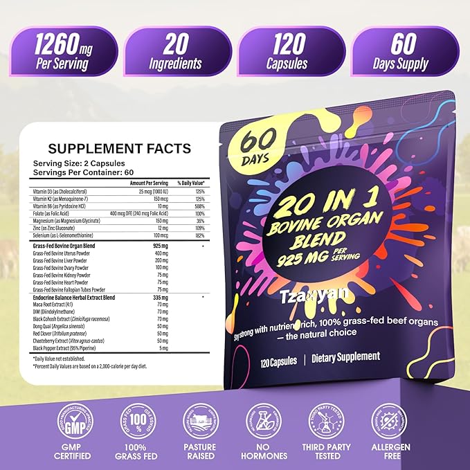 20-In-1 Beef Organ Supplement for Women 925MG Grass Fed Beef Liver Uterus Ovary &amp 3 more with Maca DIM Black Cohosh Vitamin &amp Mineral Bovine organ Capsules for Hormone Balance Energy