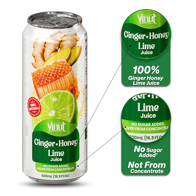 VINUT Ginger Honey &amp Lime Juice 85% Juice No Added Sugar Not From Concentrate 16.9 fl oz (500 mL) Can Pack of 6