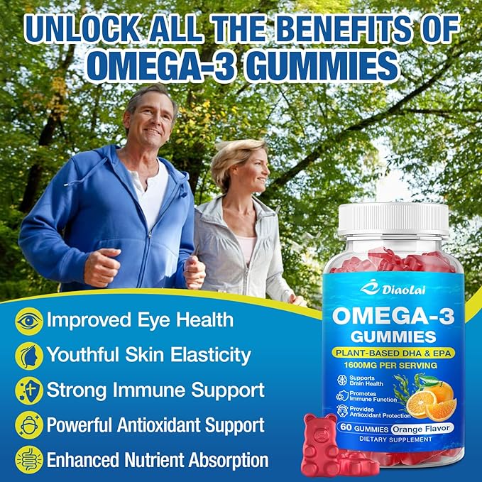 2 Pack Vegan Omega-3 Gummies for Adults – Sugar-Free Algae-Based DHA 600mg &amp EPA 300mg with Vitamins A C E Zinc – Omega 3 Fish Oil Alternative 120 Count