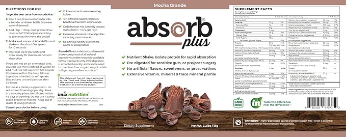 Isolate Protein - Diet Supplement for Improved Gut Health Extra Nutritional Support Non-GMO Gluten-Free Lactose-Free Casein-Free (2.2 Lbs Mocha Grande)