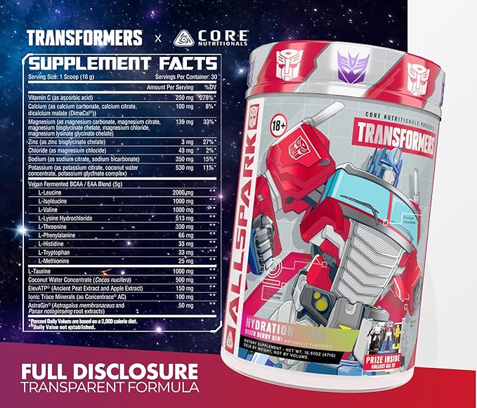 Core Nutritionals Transformers Allspark Hydration + EAA | Full Electrolyte Blend for Recovery | Free Prize Inside - Bumblebee | 30 Servings (Sour Lemon Candy)