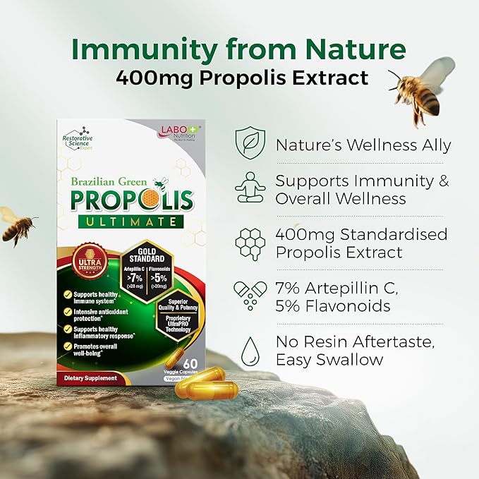 LABO Nutrition Brazilian Green Propolis Ultimate – Propolis Extract with 28mg Artepillin C and 5% Flavonoids Natural Bee Supplement for Immune Brain Support High Concentrate Propolis 60 Veg Capsx3