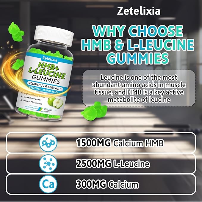 HMB and L-Leucine Gummies 4000mg HMB and Leucine Supplements Amino Acid Gummies for Men &amp Women Support Muscle Growth Muscle Relief and Workout Recovery Sugar-Free Vegan Apple Flavor 120 Co