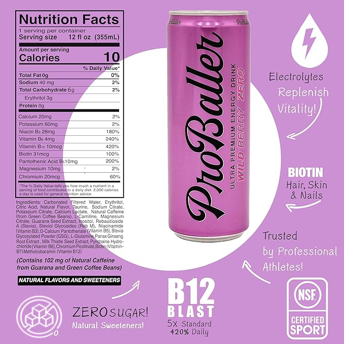 ProBaller Clean Energy Drink - Athlete-Grade Energy for Focus &amp Performance Zero Sugar NSF Certified for Sport Natural Caffeine Biotin Electrolytes Amino Acids &amp B Vitamins - Variety 12