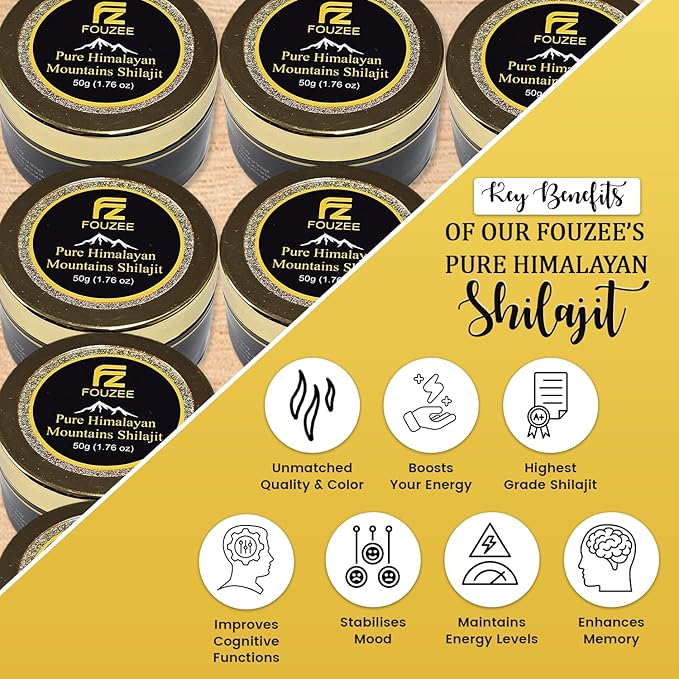 FOUZEE Pure Himalayan Mountains Shilajit - 77% + Fulvic Acid Authentic Hard Consistency Natural Source of Fulvic Acid Over 85 Trace Minerals Includes Stainless Steel Spoon (50 Grams)