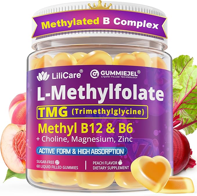 L-MethylFolate 15mg 7.5mg &amp B12 1000 mcg Gummies Methylated B Complex + TMG Magnesium Choline - Active 5-MTHF(B9) + Methyl B12 B6 Multivitamin - Support Methylation Cognition Mood Sugar Fr