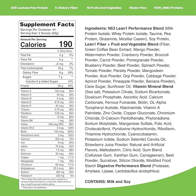 Lean1 Meal Replacement Protein Shake Strawberry Flavor 44 Servings in 5 Pound Bag
