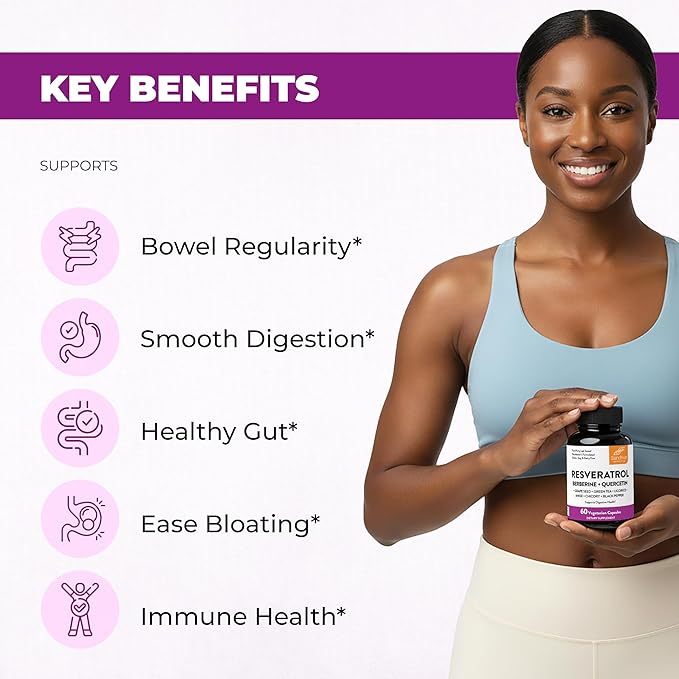 Resveratrol with Berberine Supplement For Gut Health Support | 120 Digestive Capsules For Women &amp Men | With Green Tea Extract Star Anise DGL Grape Seed Quercetin | Helps Ease Bloating &amp D