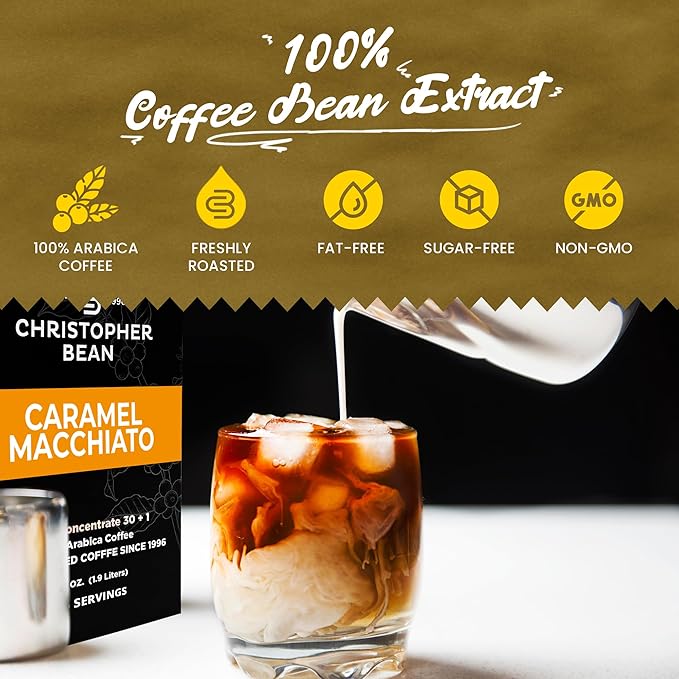Christopher Bean Coffee - 396 servings 30 to 1 Blend Bag in Box Liquid Instant Coffee or Cold Brew Coffee Concentrate - Hot or Iced Coffee - Caramel Macchiato