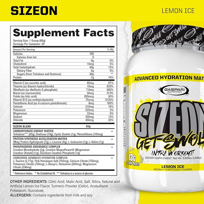Gaspari Nutrition SizeOn The Ultimate Hybrid Intra-Workout Amino Acid &amp Creatine Formula Increased Muscle Volume &amp Muscle Recovery (3.59 Pounds Lemon Ice)