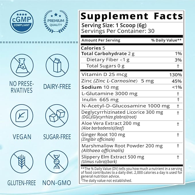 Leaky Gut Powder with L-Glutamine Prebiotic Licorice Slippery Elm Bark for Gut Health &amp Digestive Health Super Gut Powder Unflavoured - (30 Servings 6.30 Oz)