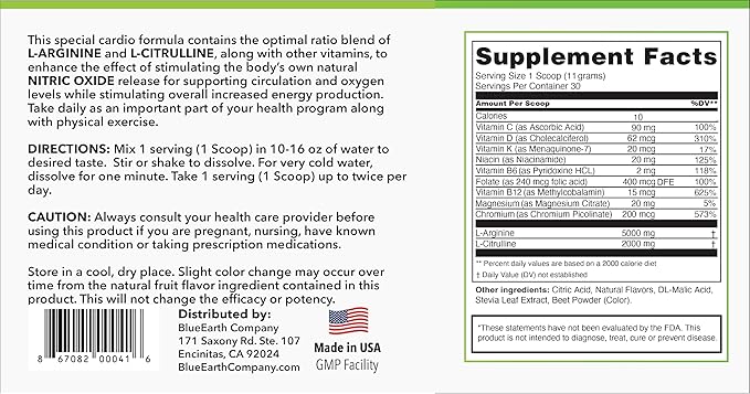 L-Arginine 5000mg + L-Citrulline 2000mg Complex Powder Supplement - Nitric Oxide Booster - Heart Health Blood Flow Energy &amp Endurance - 30 Servings (Berry Blend)