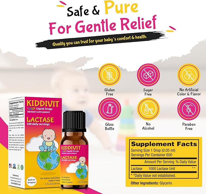Kiddivit Baby Lactase Drops 1000 Units – Gentle Digestive Support Enzyme Supplement – 100 Daily Servings – Built-In Dropper Glass Bottle – Gluten Free Vegetarian 1oz