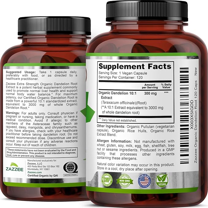 Zazzee USDA Organic Dandelion Root 10:1 Extract 120 Capsules 4 Month Supply Liver &amp Detox Support Taraxacum Officinale Organic Herbal Supplement All-Natural Non-GMO Made in the USA